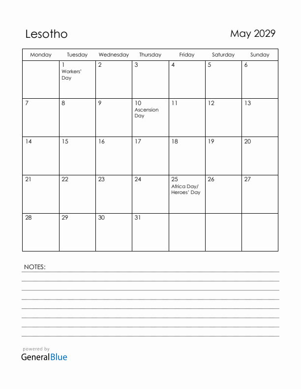May 2029 Lesotho Calendar with Holidays (Monday Start)