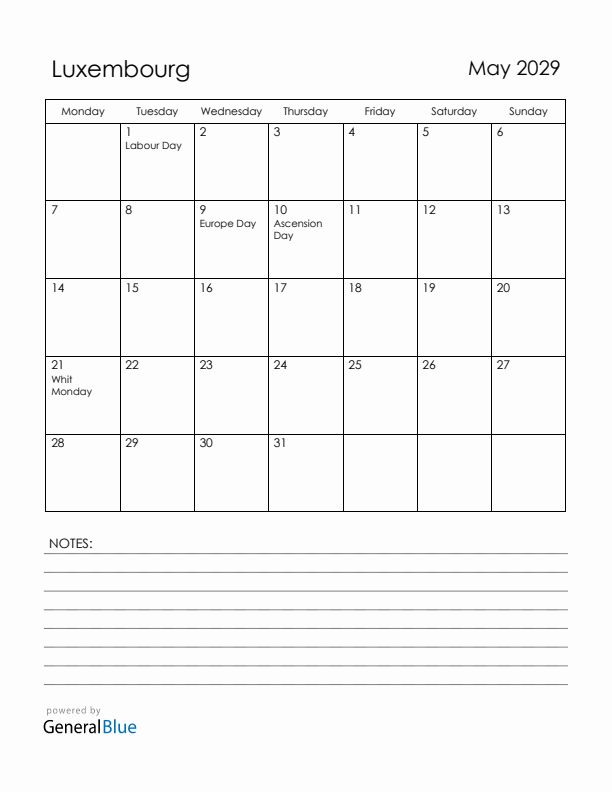 May 2029 Luxembourg Calendar with Holidays (Monday Start)