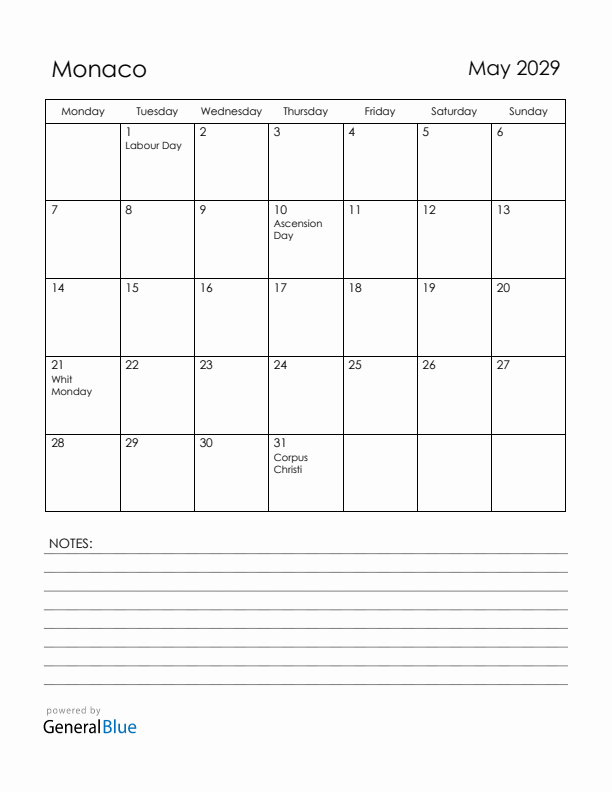 May 2029 Monaco Calendar with Holidays (Monday Start)