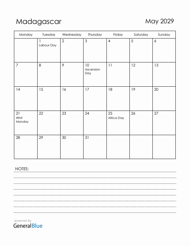 May 2029 Madagascar Calendar with Holidays (Monday Start)