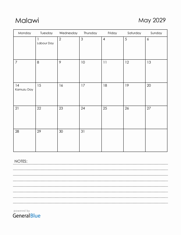 May 2029 Malawi Calendar with Holidays (Monday Start)