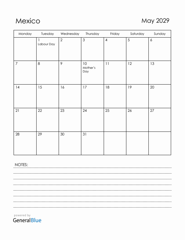 May 2029 Mexico Calendar with Holidays (Monday Start)