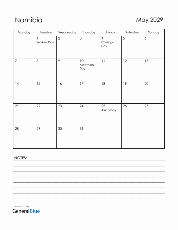 May 2029 Namibia Calendar with Holidays (Monday Start)