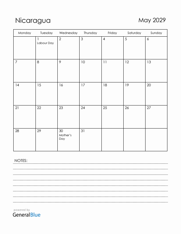 May 2029 Nicaragua Calendar with Holidays (Monday Start)