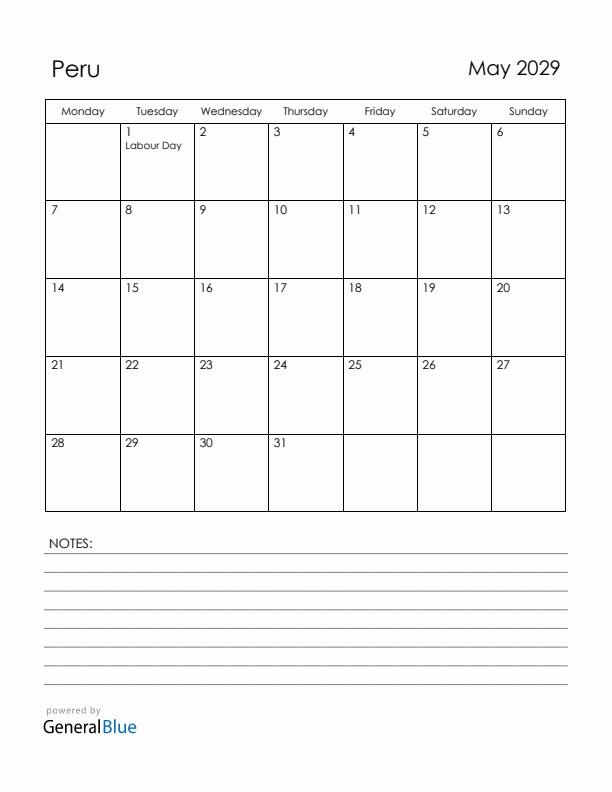 May 2029 Peru Calendar with Holidays (Monday Start)