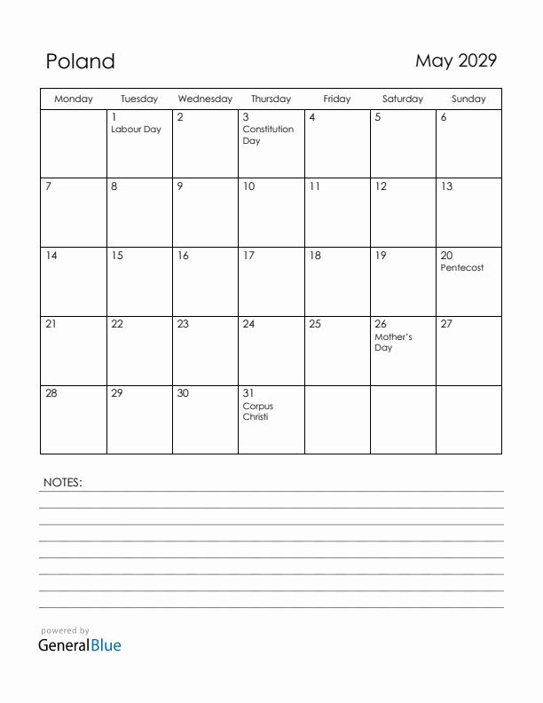 May 2029 Poland Calendar with Holidays (Monday Start)