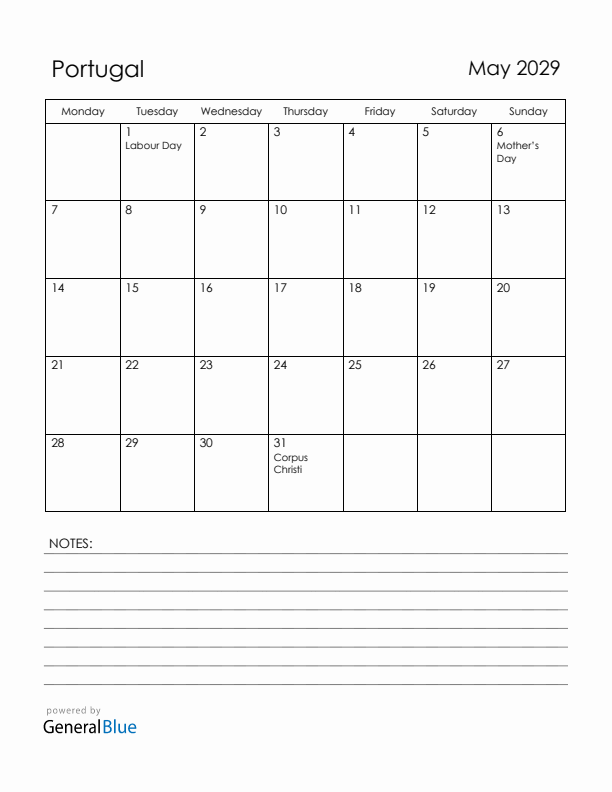 May 2029 Portugal Calendar with Holidays (Monday Start)