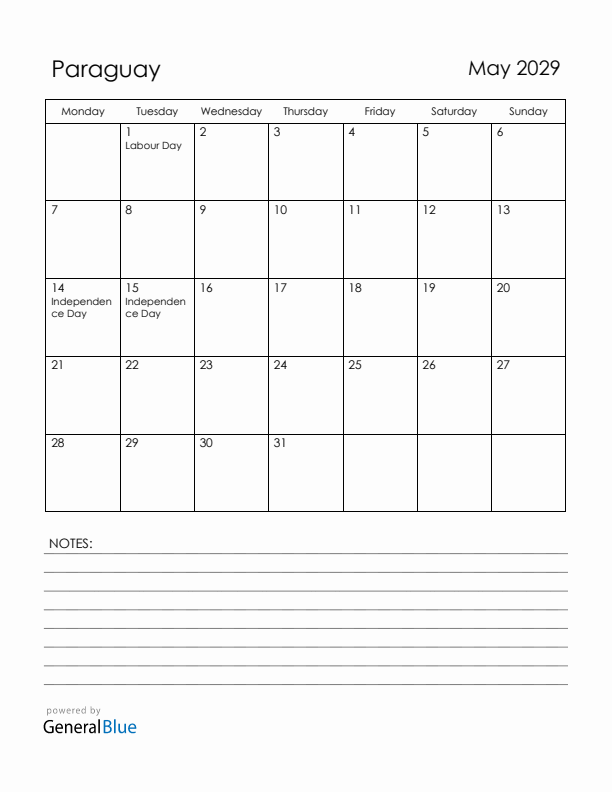 May 2029 Paraguay Calendar with Holidays (Monday Start)