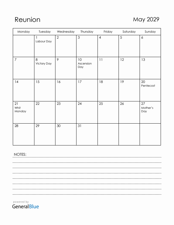 May 2029 Reunion Calendar with Holidays (Monday Start)
