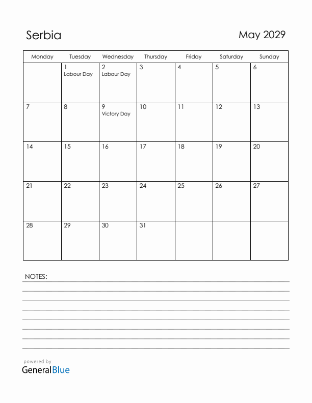 May 2029 Serbia Calendar with Holidays (Monday Start)