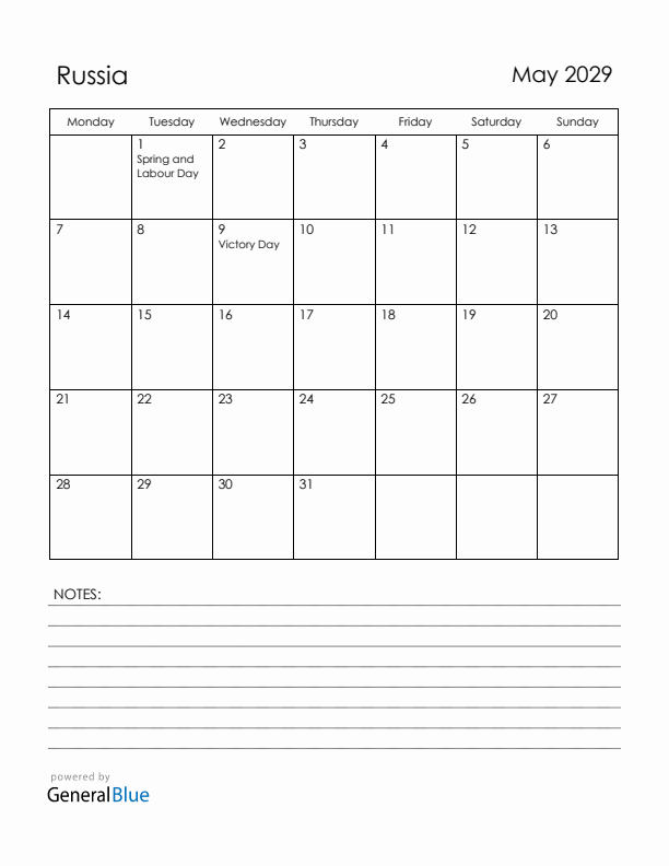 May 2029 Russia Calendar with Holidays (Monday Start)