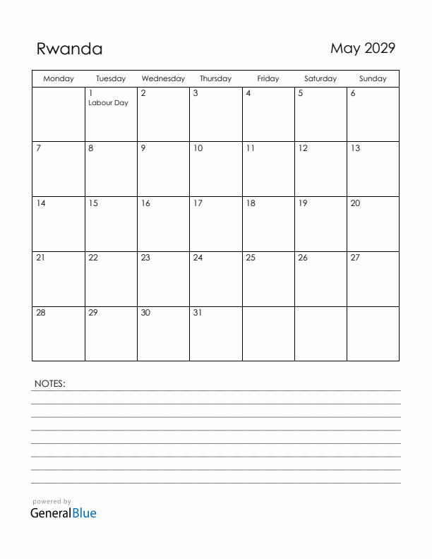 May 2029 Rwanda Calendar with Holidays (Monday Start)