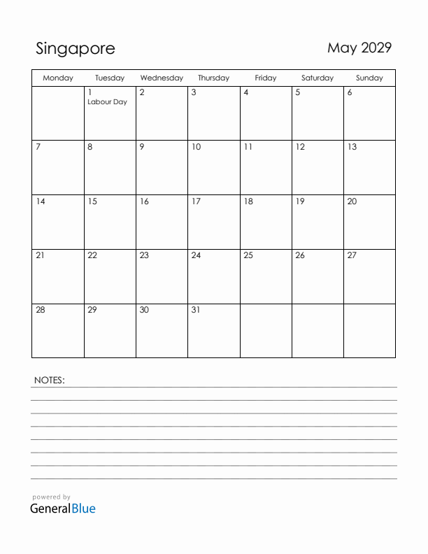 May 2029 Singapore Calendar with Holidays (Monday Start)