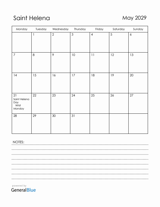 May 2029 Saint Helena Calendar with Holidays (Monday Start)