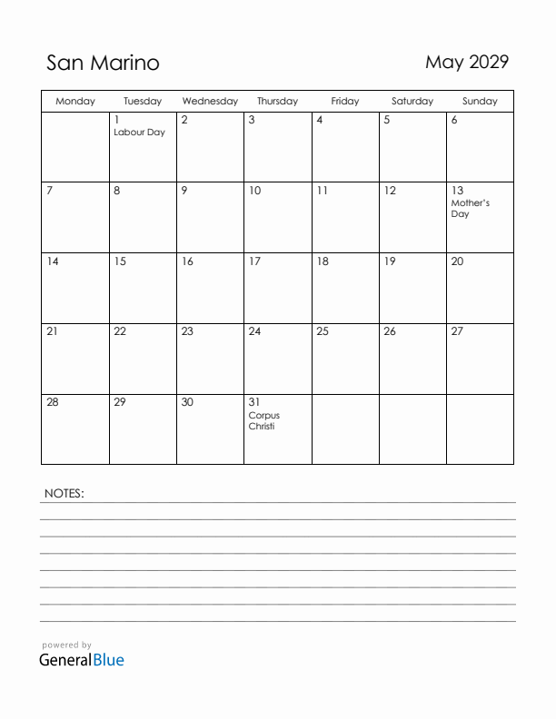 May 2029 San Marino Calendar with Holidays (Monday Start)
