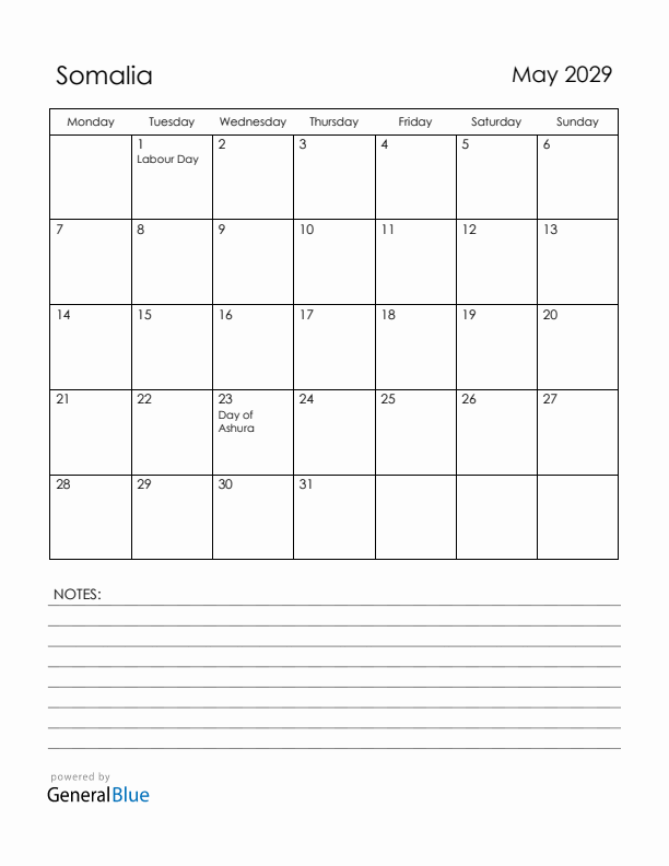May 2029 Somalia Calendar with Holidays (Monday Start)