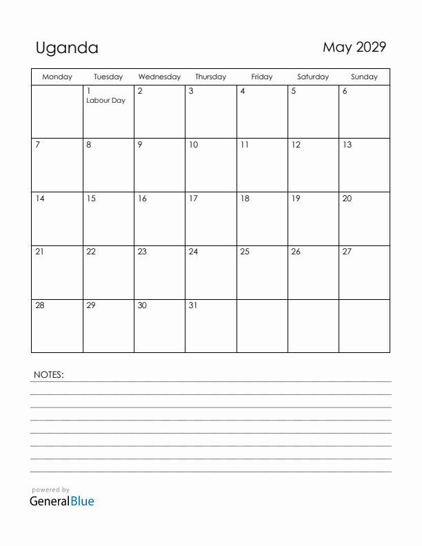 May 2029 Uganda Calendar with Holidays (Monday Start)