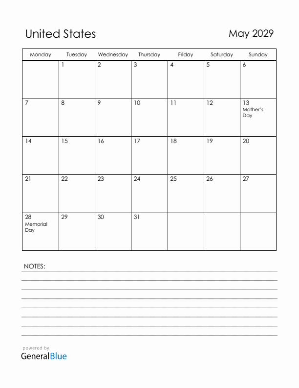 May 2029 United States Calendar with Holidays (Monday Start)