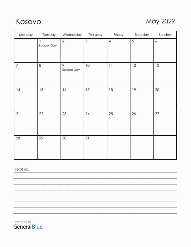 May 2029 Kosovo Calendar with Holidays (Monday Start)