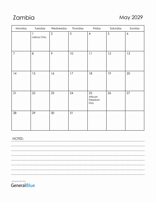 May 2029 Zambia Calendar with Holidays (Monday Start)