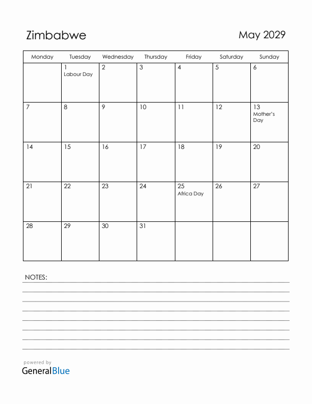 May 2029 Zimbabwe Calendar with Holidays (Monday Start)