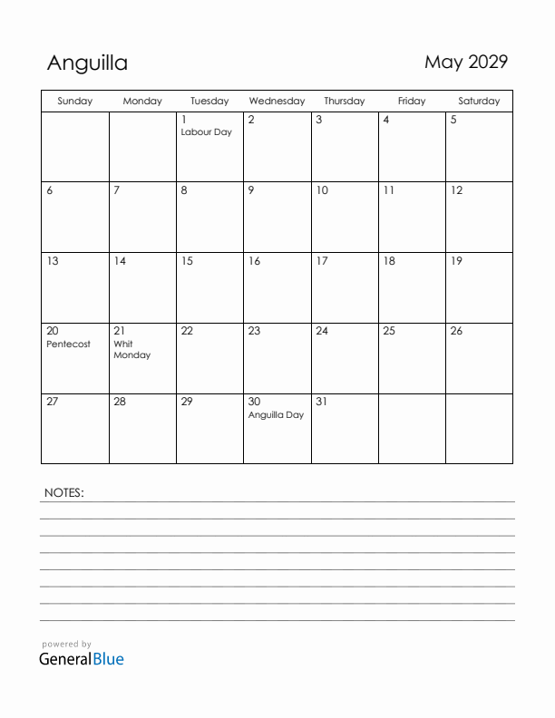 May 2029 Anguilla Calendar with Holidays (Sunday Start)