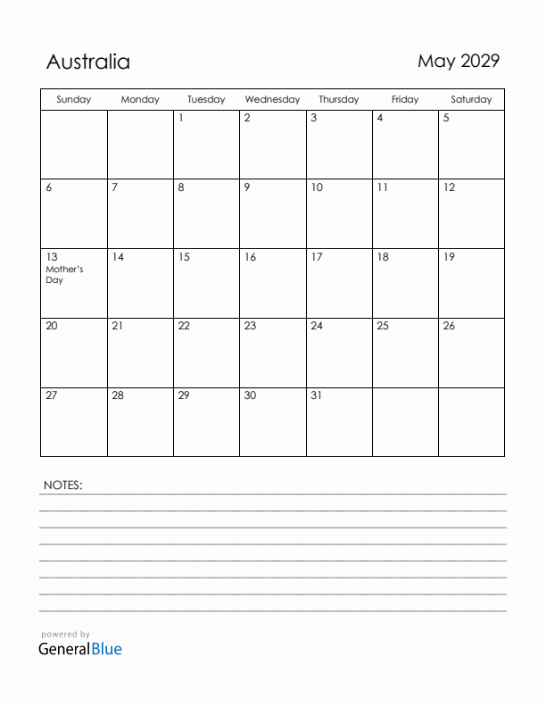 May 2029 Australia Calendar with Holidays (Sunday Start)