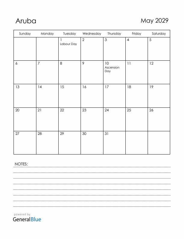 May 2029 Aruba Calendar with Holidays (Sunday Start)