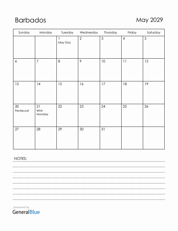 May 2029 Barbados Calendar with Holidays (Sunday Start)