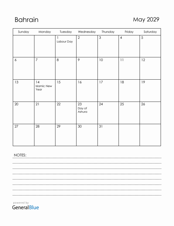 May 2029 Bahrain Calendar with Holidays (Sunday Start)