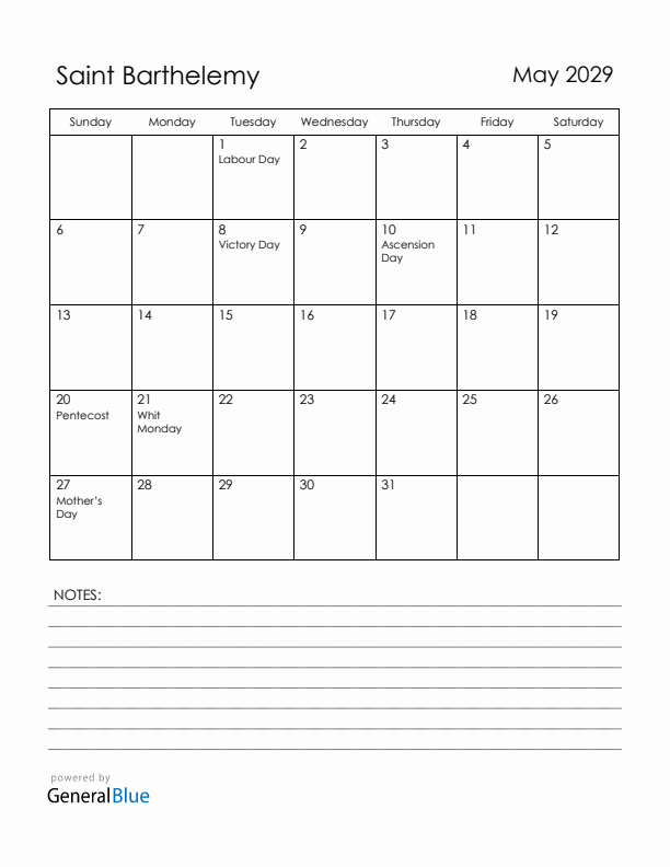 May 2029 Saint Barthelemy Calendar with Holidays (Sunday Start)