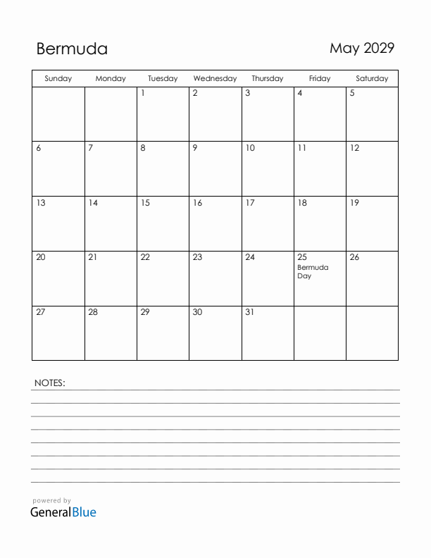 May 2029 Bermuda Calendar with Holidays (Sunday Start)