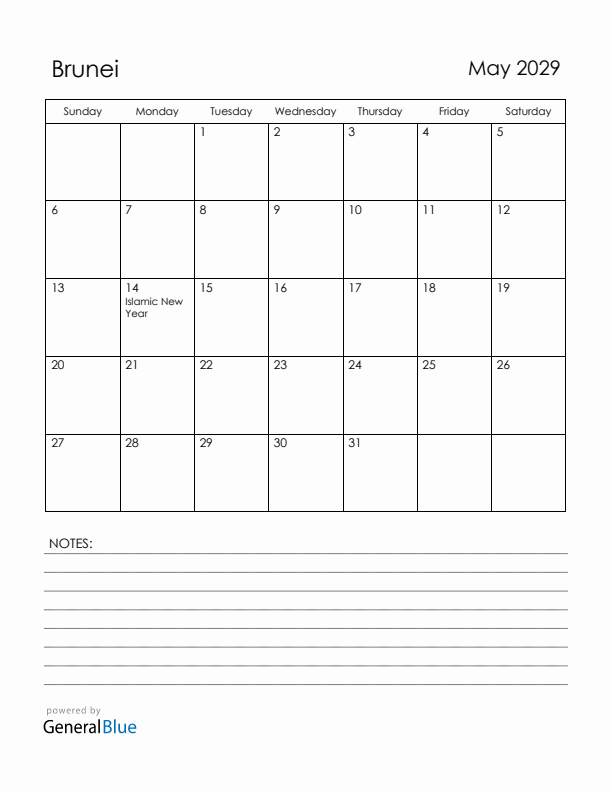 May 2029 Brunei Calendar with Holidays (Sunday Start)