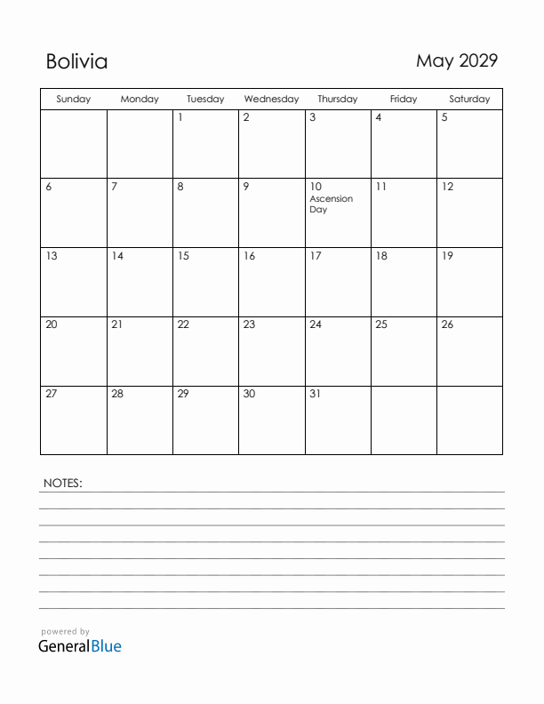 May 2029 Bolivia Calendar with Holidays (Sunday Start)