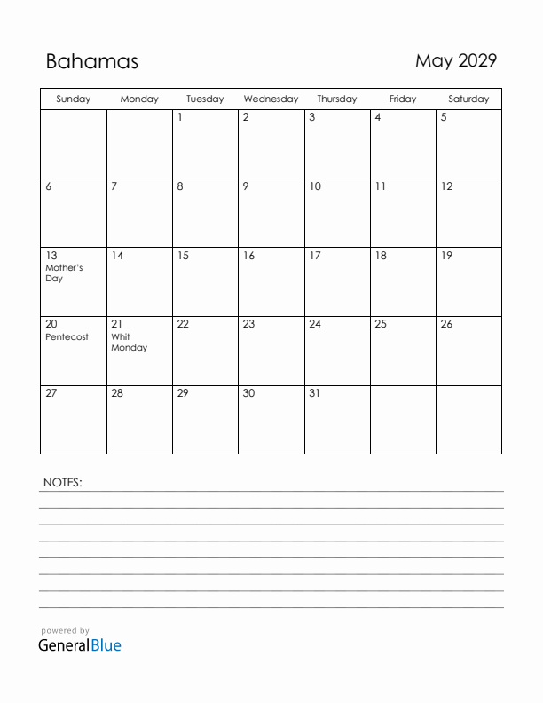 May 2029 Bahamas Calendar with Holidays (Sunday Start)