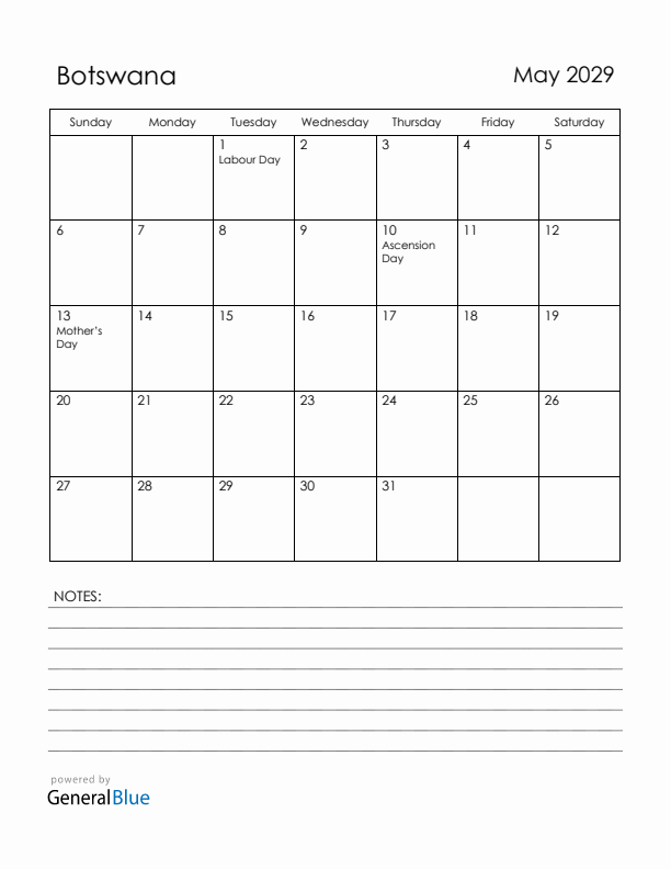 May 2029 Botswana Calendar with Holidays (Sunday Start)