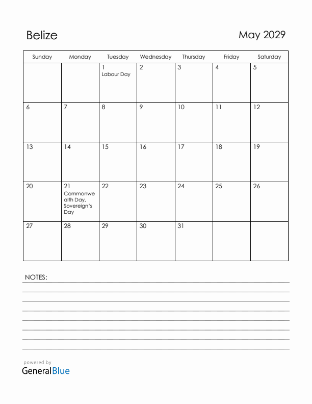 May 2029 Belize Calendar with Holidays (Sunday Start)