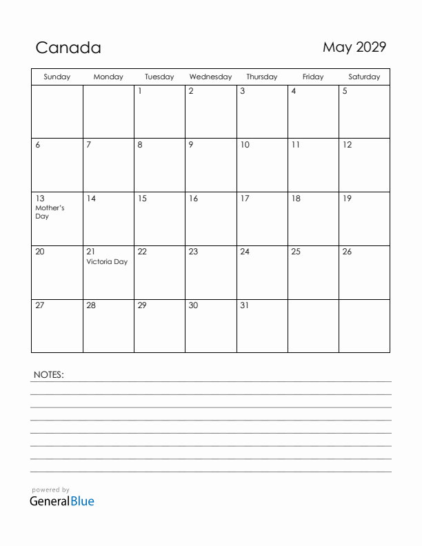 May 2029 Canada Calendar with Holidays (Sunday Start)