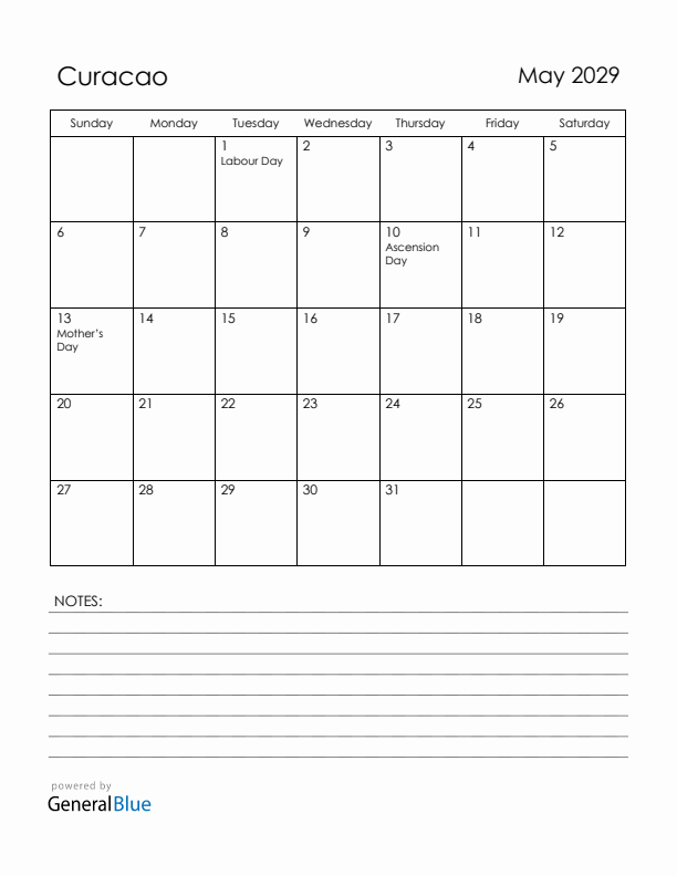 May 2029 Curacao Calendar with Holidays (Sunday Start)