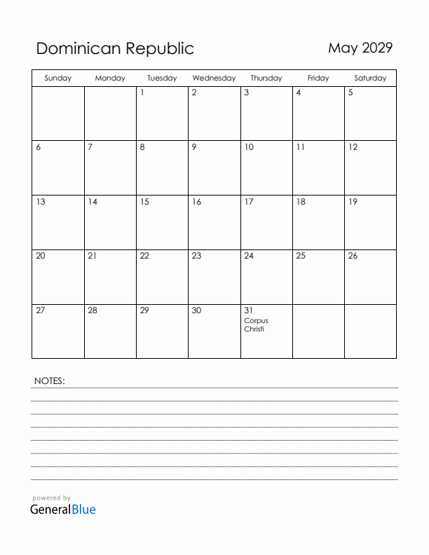 May 2029 Dominican Republic Calendar with Holidays (Sunday Start)