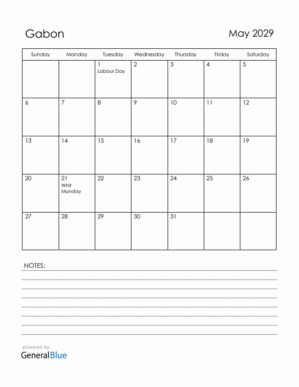 May 2029 Gabon Calendar with Holidays (Sunday Start)