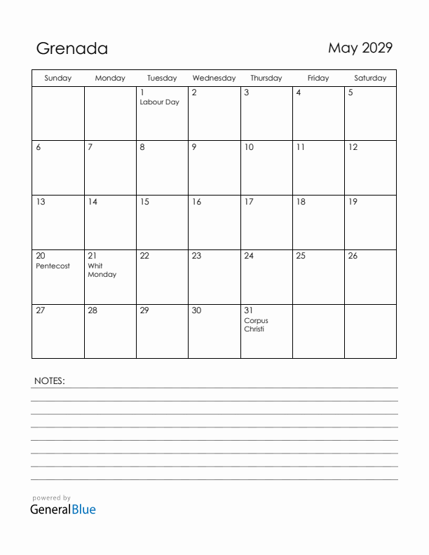 May 2029 Grenada Calendar with Holidays (Sunday Start)