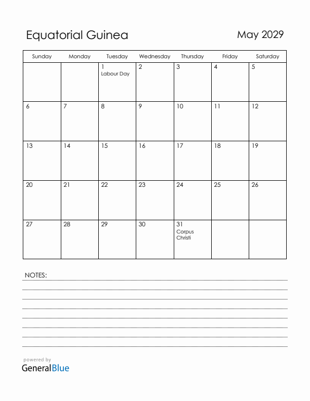 May 2029 Equatorial Guinea Calendar with Holidays (Sunday Start)