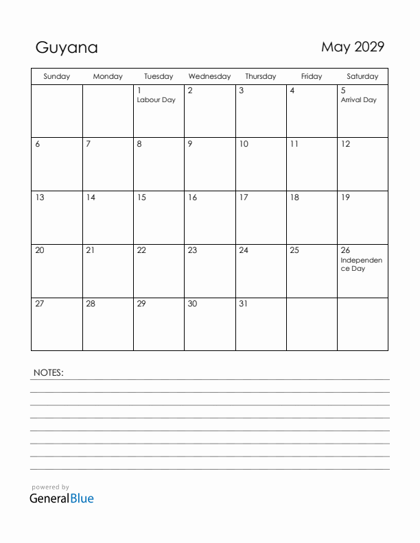 May 2029 Guyana Calendar with Holidays (Sunday Start)