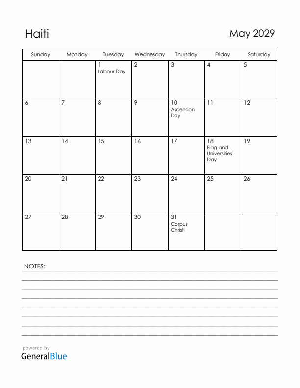 May 2029 Haiti Calendar with Holidays (Sunday Start)