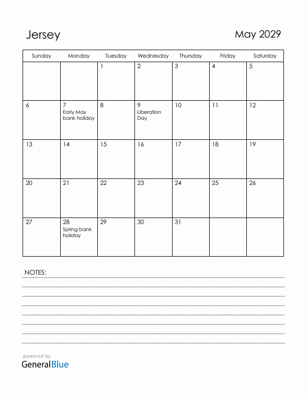 May 2029 Jersey Calendar with Holidays (Sunday Start)