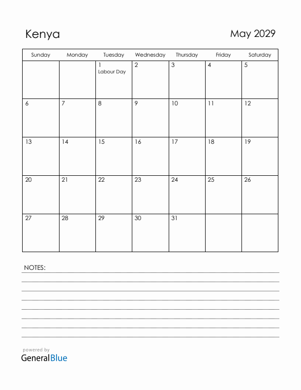 May 2029 Kenya Calendar with Holidays (Sunday Start)