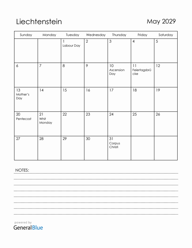 May 2029 Liechtenstein Calendar with Holidays (Sunday Start)