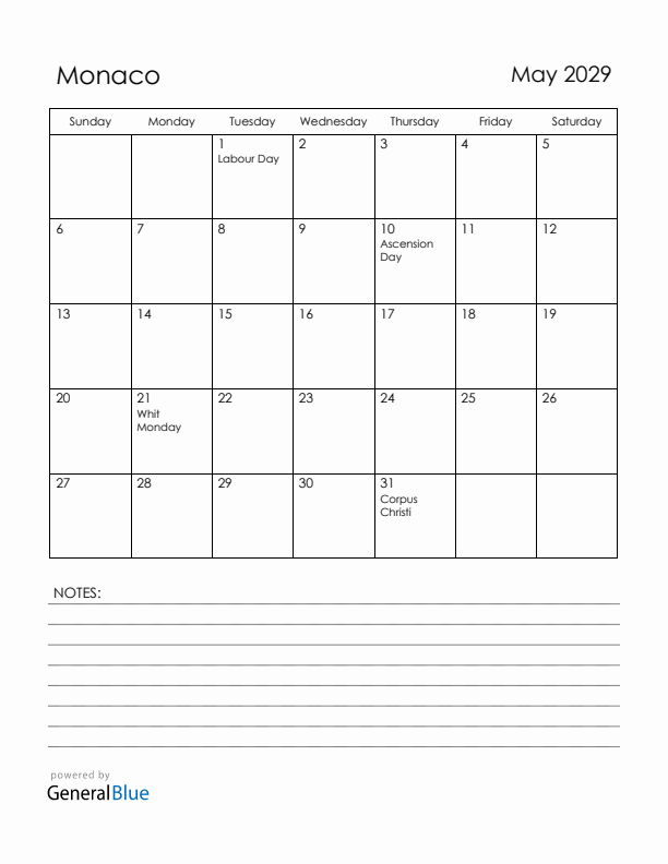 May 2029 Monaco Calendar with Holidays (Sunday Start)