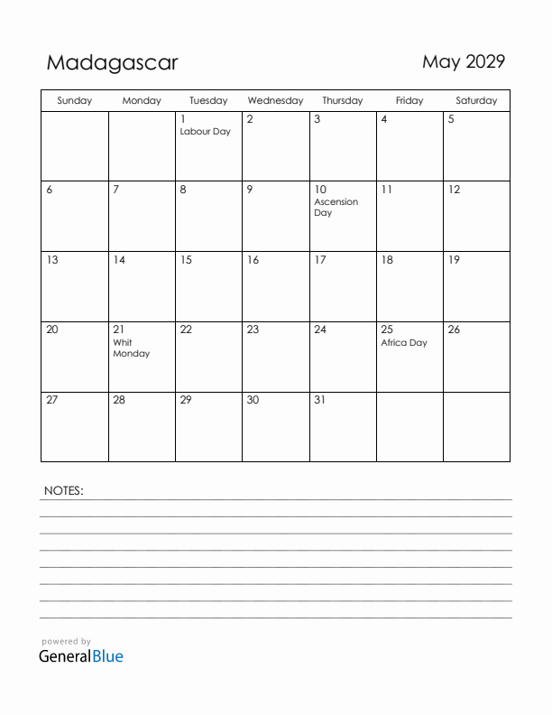 May 2029 Madagascar Calendar with Holidays (Sunday Start)